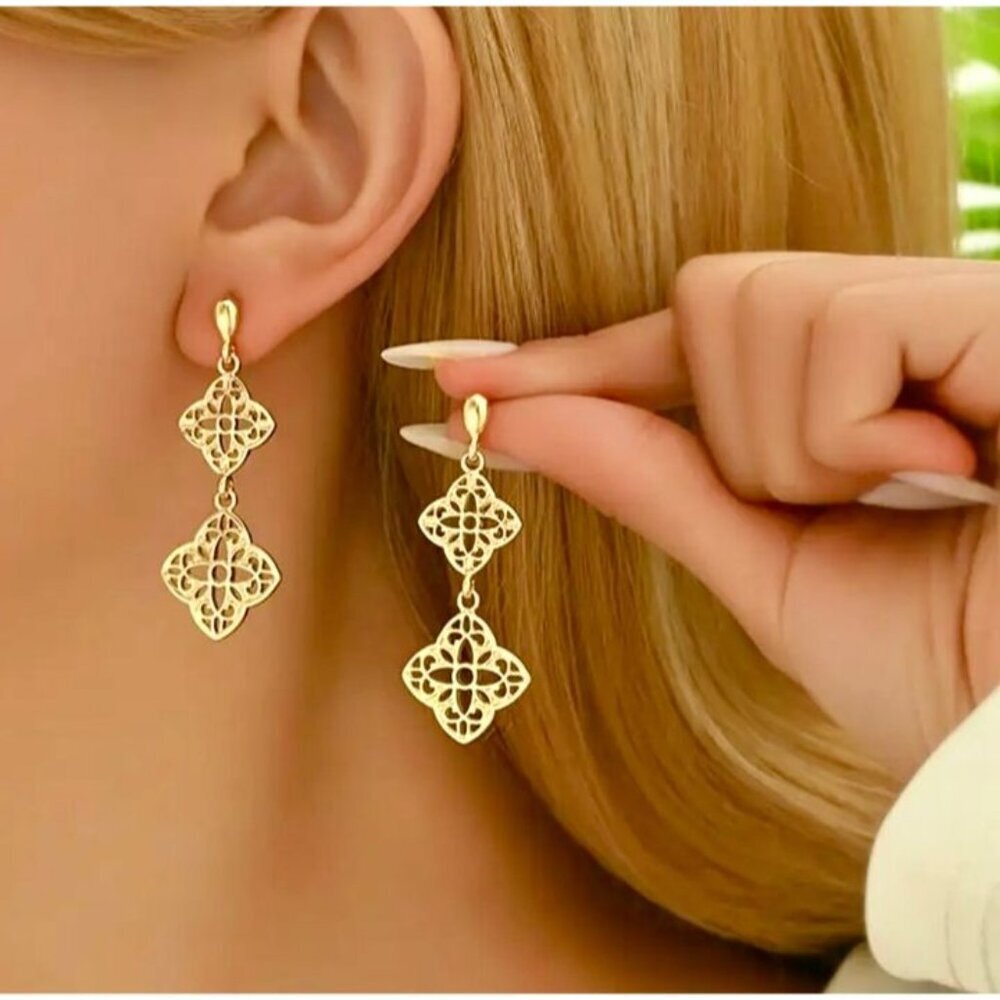 14k Gold Plated Double Quatrefoil Clover Dangle Earrings Boho Chic